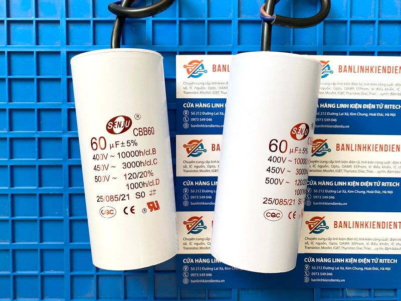 Tụ khởi động CBB60 60uF 450V SENJU (màu trắng) - Ảnh 2