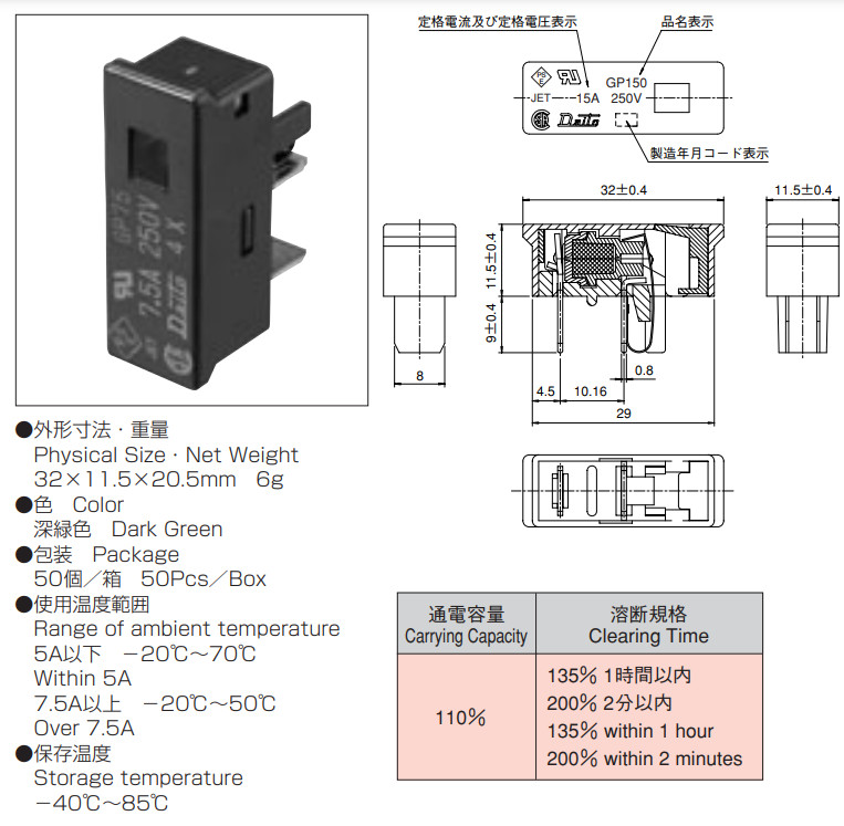 Kích thước cầu chì Daito GP25 2.5A
